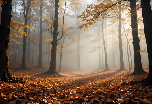 Majestic autumn forest scene with golden sunlight shining through the foggy trees