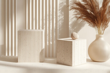 Minimalist Product Display with Stone Pedestals Pampas Grass and Neutral Tones