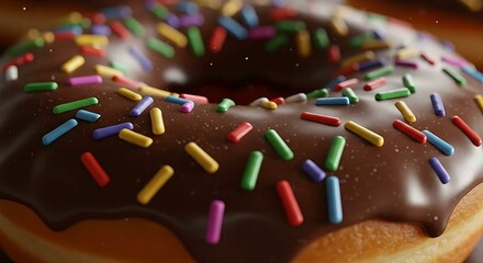 Macro of a fresh donut with glossy chocolate glaze and colorful sprinkles