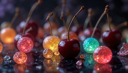 "Cherries genetically enhanced to glow subtly, arranged like jewels on an obsidian surface, high-end luxury food lab"
