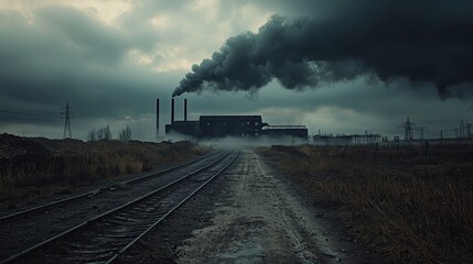 Obraz premium Industrial complex emitting dark smoke on a gloomy day.