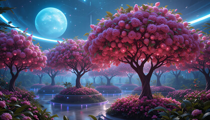 "Futuristic garden with hovering cherry trees, ripe fruit glowing with bio-luminescence under an artificial sun"