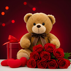 Teddy Bear with Red Roses and Gift