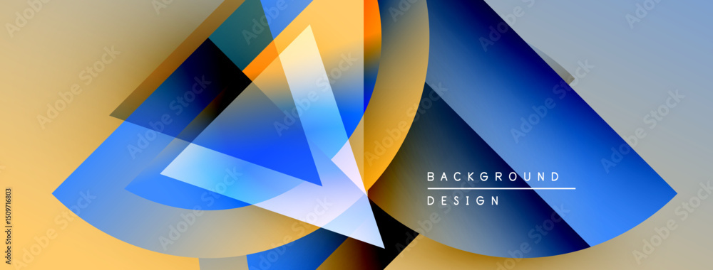 Poster abstract geometric shapes overlap, creating vibrant color gradients. design features blue, orange, y