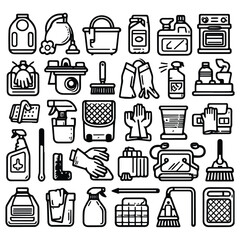 vector clip art set of cleaning elements, simple line style icons