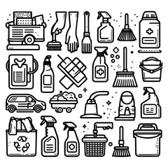 vector clip art set of cleaning elements, simple line style icons
