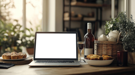 Stylish room setup with laptop and purim elements like wine bottle glass and sweet pastries