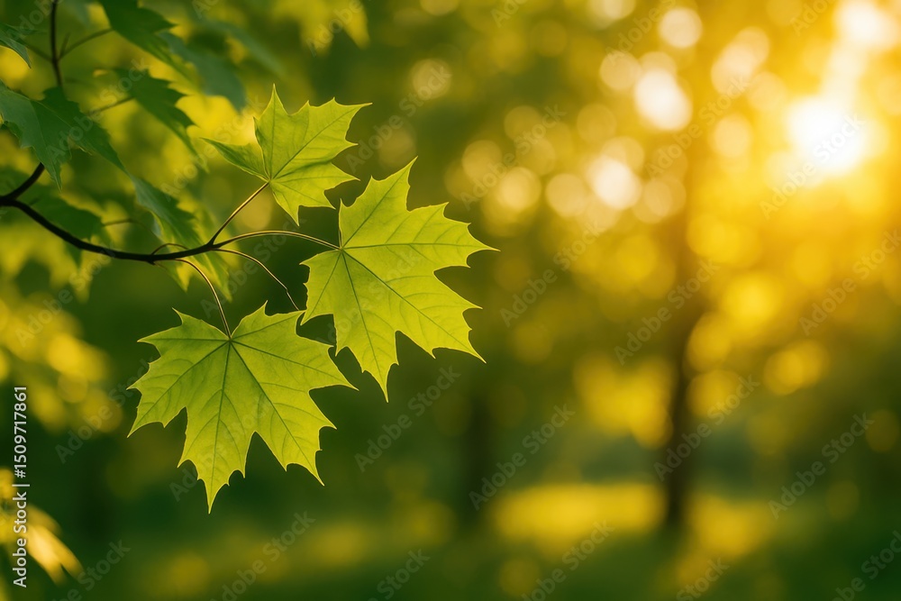 Poster bright green maple leaves in sunlight with a soft focus background of trees and bokeh effect creatin