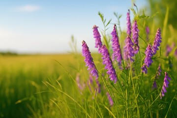 Naklejka premium Beautiful purple wildflowers in a serene landscape with bright blue sky and soft green grass under a warm sunlight for nature enthusiasts and gardeners