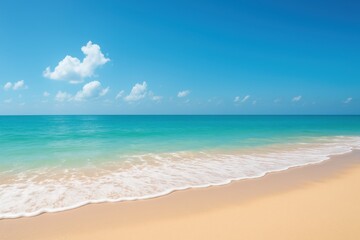 Fototapeta premium Tranquil Seascape with Gentle Waves and Soft Sandy Beach Under a Clear Blue Sky and Fluffy White Clouds on a Bright Sunny Day