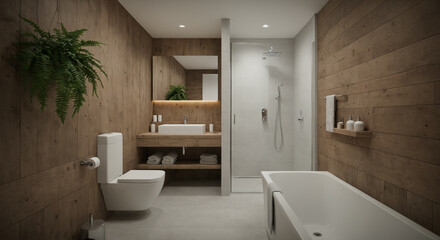 Modern bathroom with wooden walls, white fixtures, and hanging plant