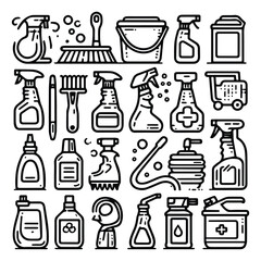 vector clip art set of cleaning elements, simple line style icons