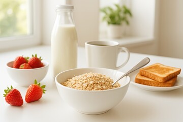 Healthy Breakfast with Oatmeal, Fresh Strawberries, Toast, Coffee, and Milk in Bright Kitchen Setting