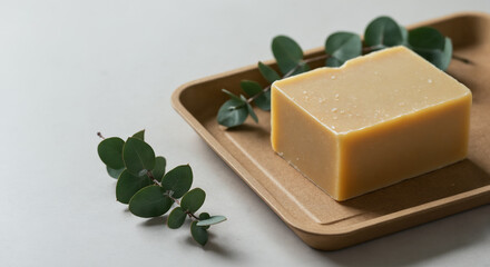 Handmade natural soap on recycled paper tray with eucalyptus