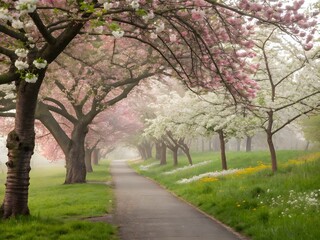Naklejka premium Serene Cherry Blossom Tree Path in Spring – Pink and White Blooms Along Misty Walkway.