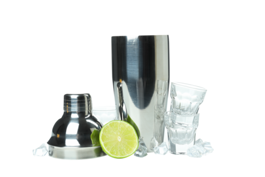 PNG, Metal shaker with fresh lime, isolated on white background