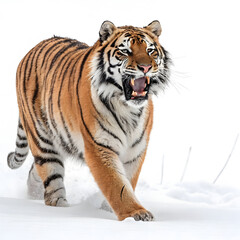 Fototapeta premium A roaring tiger facing forward with its body slightly angled, showing detailed fur and an intense expression.