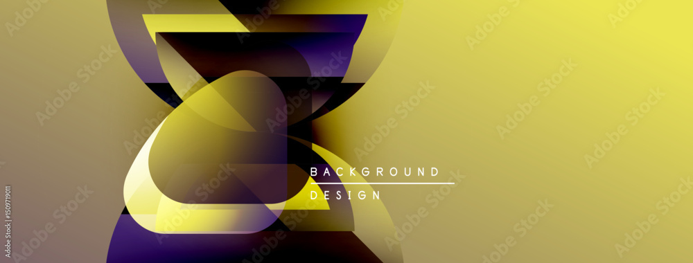 Fototapete Abstract design features vibrant yellow, purple gradients. Geometric shapes overlap creating dynamic visual effect. Text reads background design.