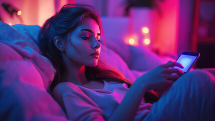 Woman savoring treats and enjoying social media on a cozy evening at home