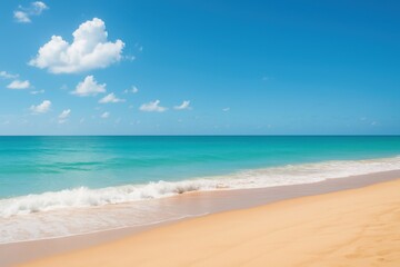 Fototapeta premium Serene Coastal Landscape with Soft Waves and Clear Blue Skies at a Tranquil Beach in Bright Daylight