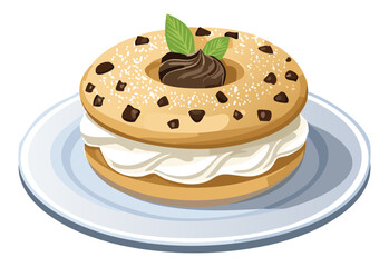 Donut sandwich vanilla cream filling on plate - vector illustration