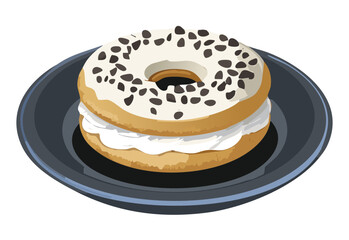 Donut with vanilla cream filling and chocolate crumbs topping - vector illustration