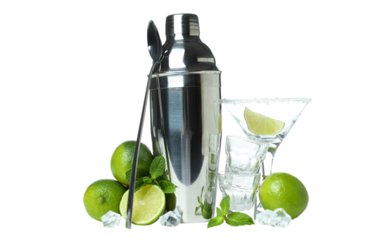 PNG, Metal shaker with fresh lime, isolated on white background