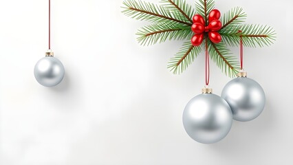 This image displays a festive Christmas scene with silver ornaments, a red bow, pine branches, and red berries against a snowy white background with scattered snowflakes. It evokes a feeling of holida