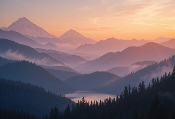 Majestic Mountain Landscape at Sunrise with Pink Sky, Serene Lake, and Pine Forest Silhouettes in a Peaceful Alpine Valley