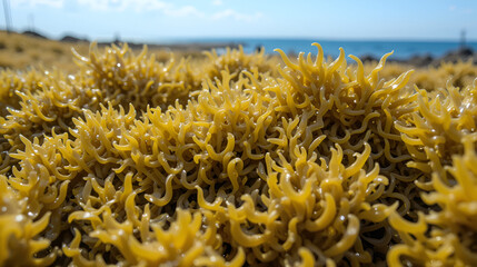 Yellow-brown seaweed (Fucaceae) taken close-up from a sunny day. Green algae from Irish sea. Horned Wrack Seaweed Pattern in the Summer