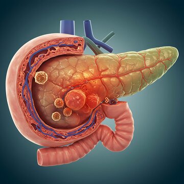 A human pancreas filled with inflammation and cracks, symbolizing pancreatitis or pancreatic damage.