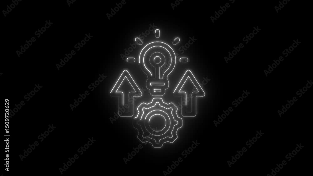 Poster lightbulb gear and arrows representing innovation technology and progress in neon style