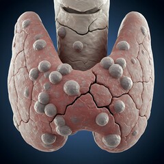 A human thyroid filled with nodules and cracks, symbolizing thyroid disease or damage.