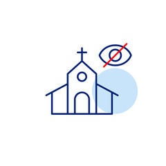 Vector icon of church with crossed-out eye, symbolizing hidden sanctuary, private worship, or unseen spiritual space. Ideal for religious apps, privacy settings, and community platforms