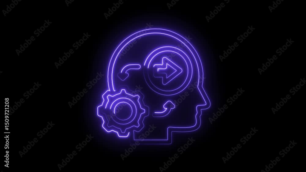 Poster neon brain with gear and arrow illustrating thinking processes and problem solving on black