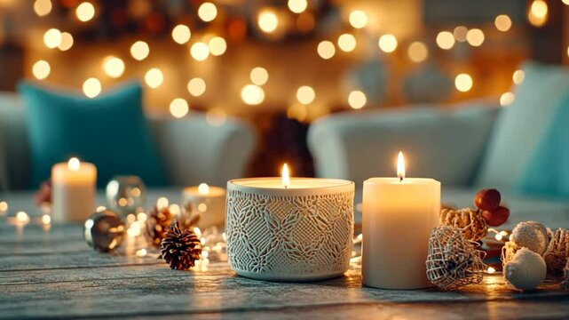 Candlelight glow on wood festive holiday still life decorative cozy scene