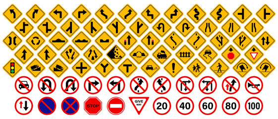 Set of warning traffic and regulatory signs vector. Prohibition and information yellow traffic signs. Road symbols.