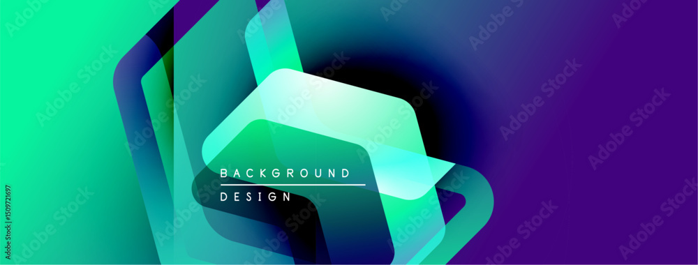 Poster Abstract gradients blend turquoise, purple, navy. Geometric shapes overlap creating dynamic visual effect. Text reads background design.