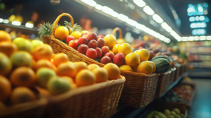 Fresh vegetables and fruits in baskets at market with glowing network connections throughout