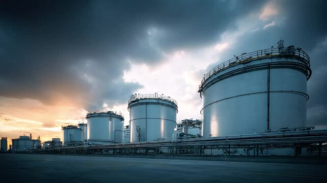 Industrial Tanks in Sunset Glow: Majestic industrial tanks stand resolute under a dramatic sky, painted with the fiery hues of sunset, evoking a sense of power, industry.