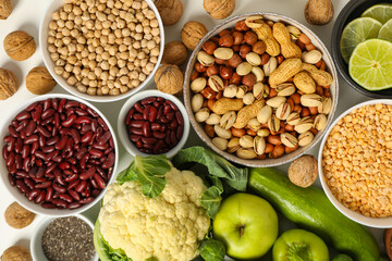 Set of vegan protein products on white background, top view