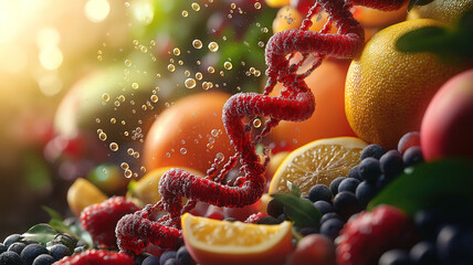 DNA helix concept integrated with fresh fruits, symbolizing the fusion of biology and nutrition