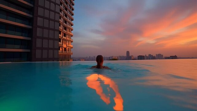 Time-lapse capturing a stunning woman swimming spa gracefully in a luxurious rooftop pool atop a high-rise condominium. Set against the breathtaking backdrop of a glowing sunset