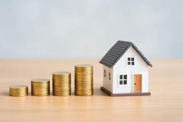 Model house and stacked gold coins representing real estate investment, financial growth, and savings strategy for home buyers and investors in property market