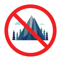 Forbidden sign with mountain icon, no mountain climbing allowed sign, do not climb mountain symbol