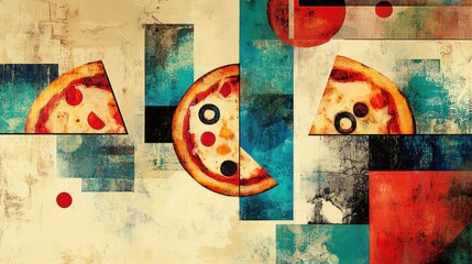 Abstract pizza collage with geometric shapes and grunge texture.