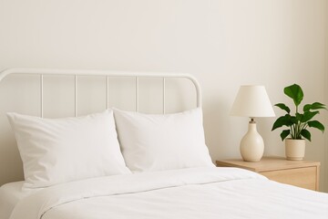 Cozy minimalist bedroom with white bedding, decorative lamp, and potted plant on bedside table against a neutral wall background