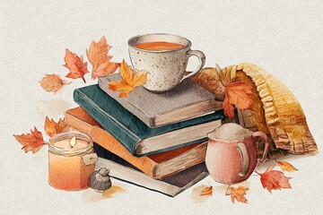 watercolor fall theme illustration, cozy books, candle, cup of tea, and orange leaves scattered on textured vintage paper background