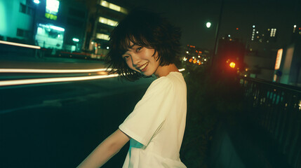 夜の都会を歩く若い女性