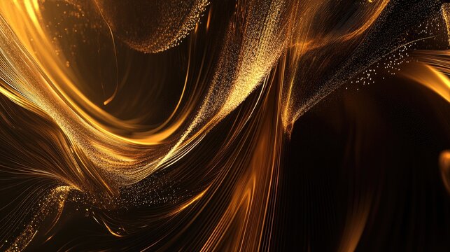 Abstract gold design with flowing lines and particles.